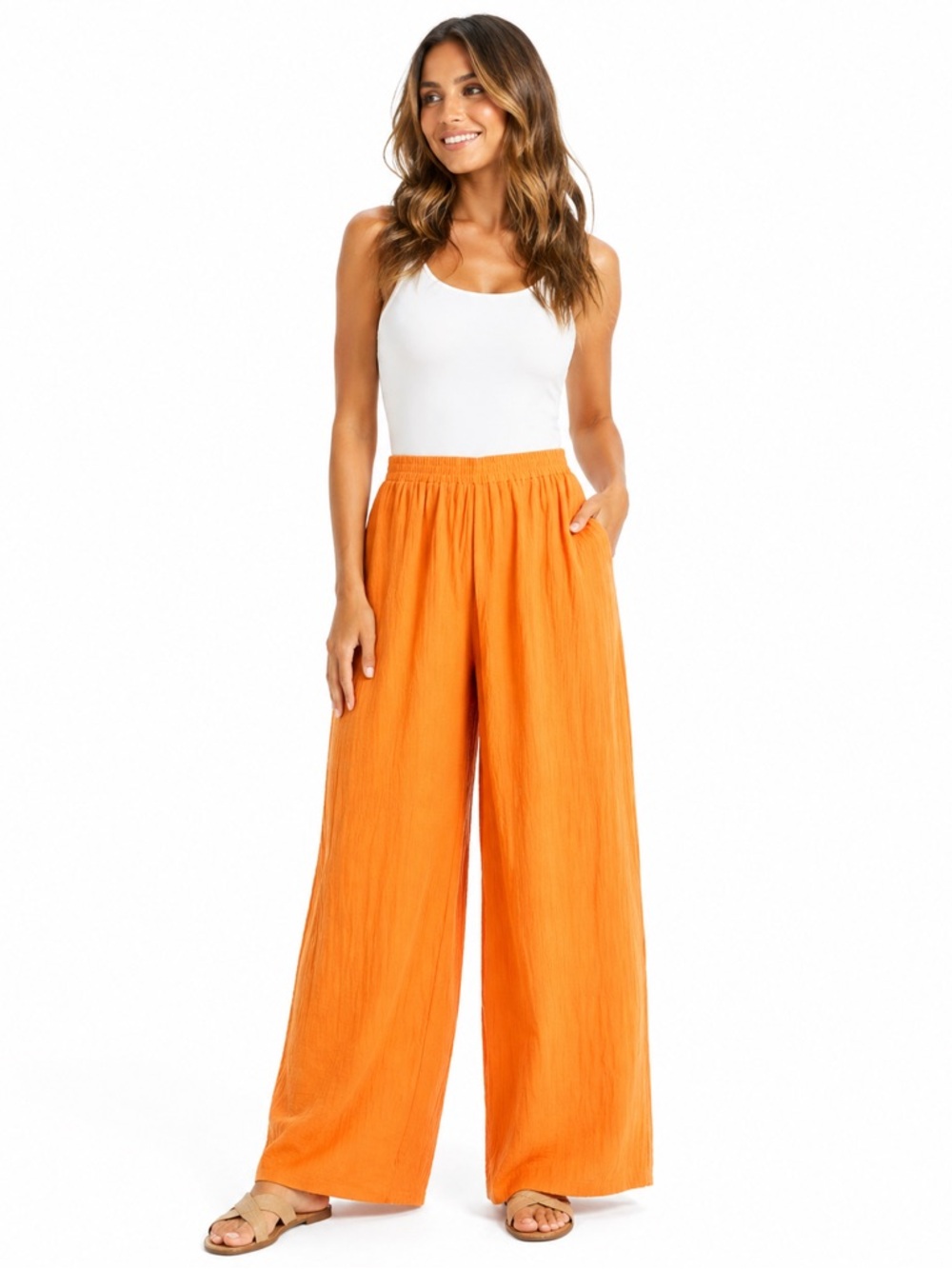 Sadie & Sage Orange Wide Leg Resortwear Cotton Blend Pants Womens Size Med NWT